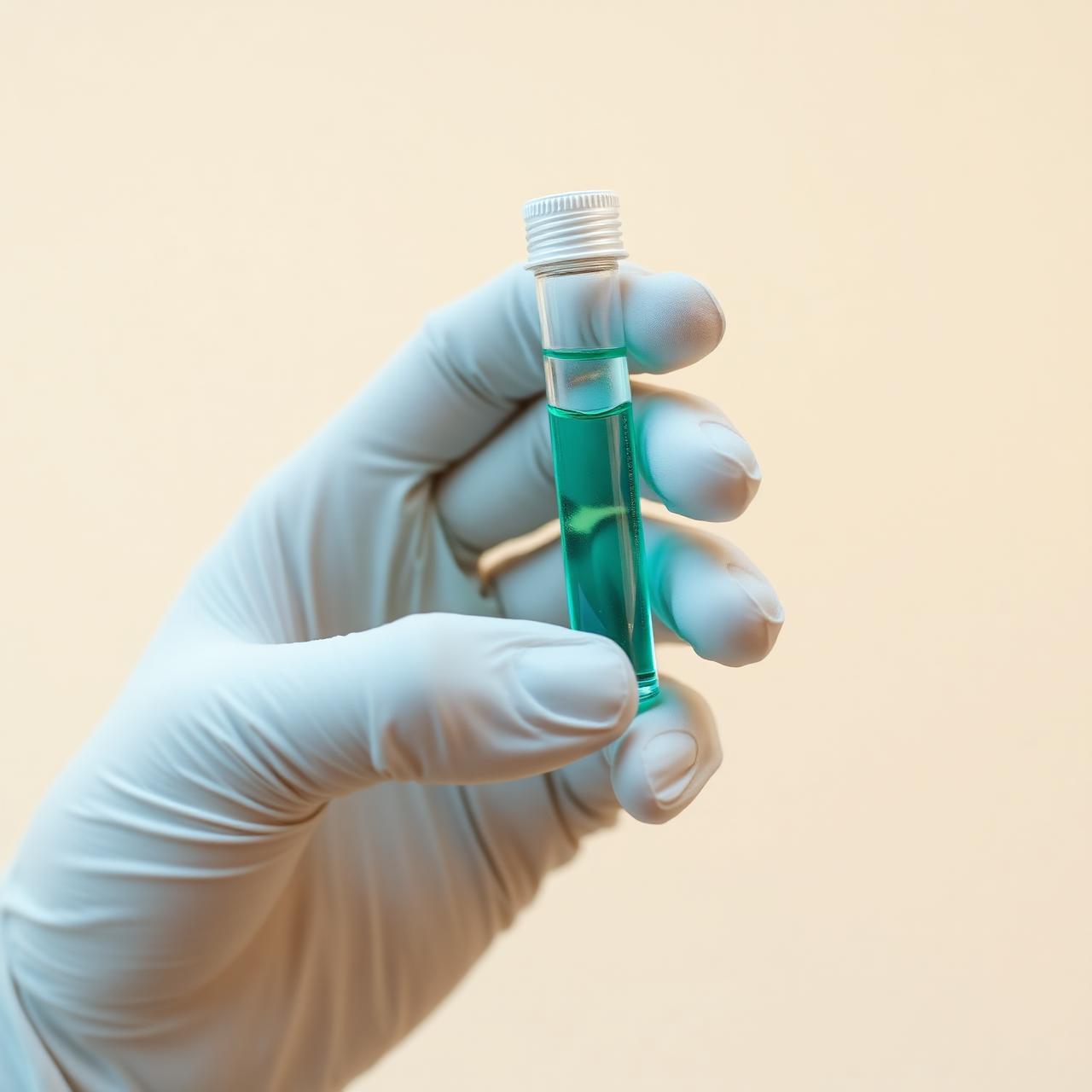 Tabung sampel patologi klinik dipegang dengan sarung tangan medis