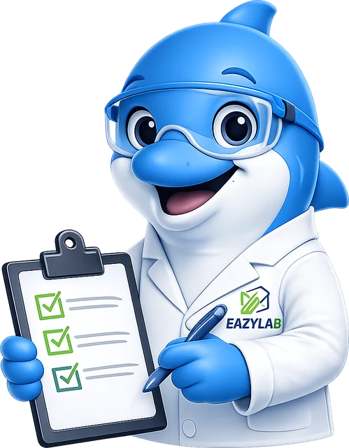Dolphy, maskot EazyLAB, memegang checklist worklist pemeriksaan lab