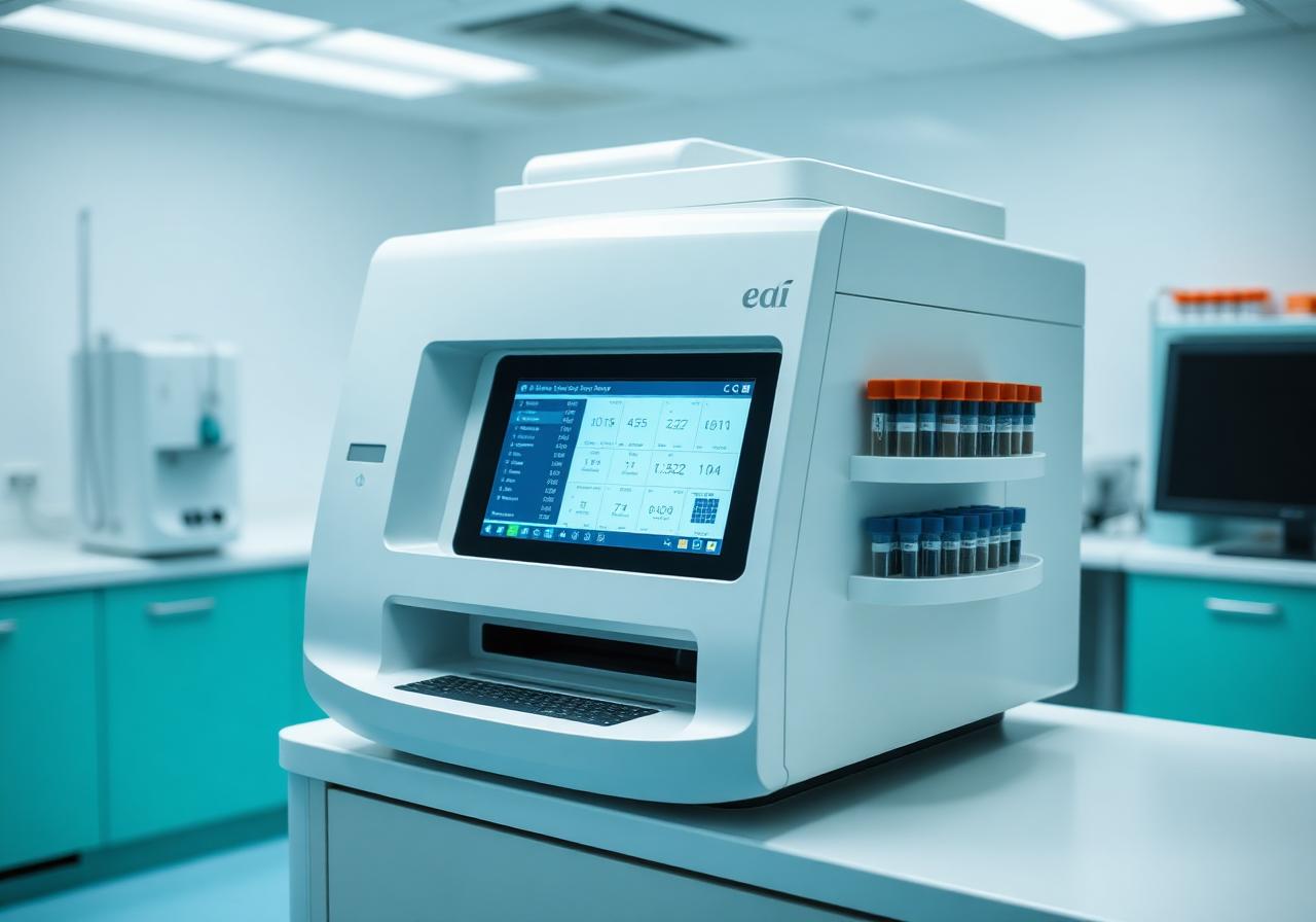 Hematology analyzer Mindray BC-series di laboratorium klinik dengan tabung sampel terpasang siap memproses CBC