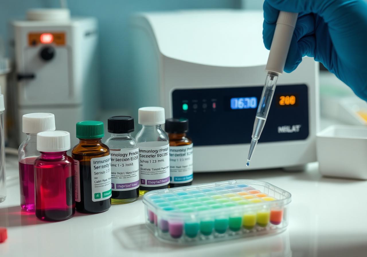 Reagen imunologi serologi ELISA dan microplate dengan analis menggunakan mikropipet di lab MedzEasy