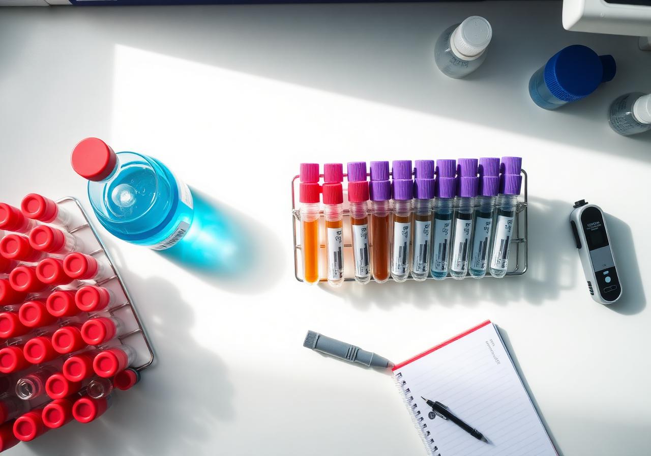 Reagen kimia klinik MedzEasy dengan tabung sampel vacutainer EDTA dan glucose meter di meja lab patologi klinik