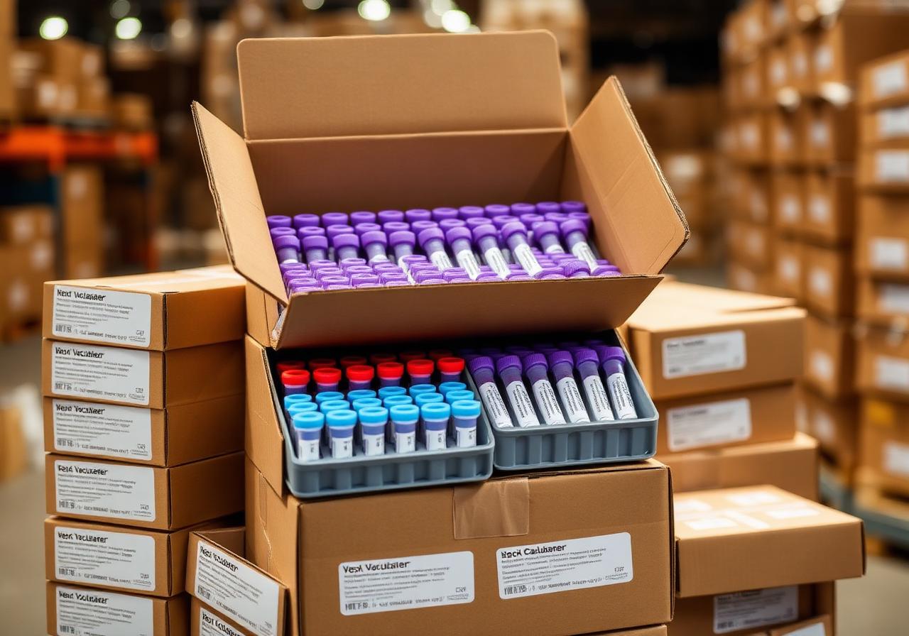 Tabung vacutainer EDTA, serum, dan citrate dikemas berdus-dus di gudang MedzEasy siap kirim ke klinik dan rumah sakit Jabodetabek