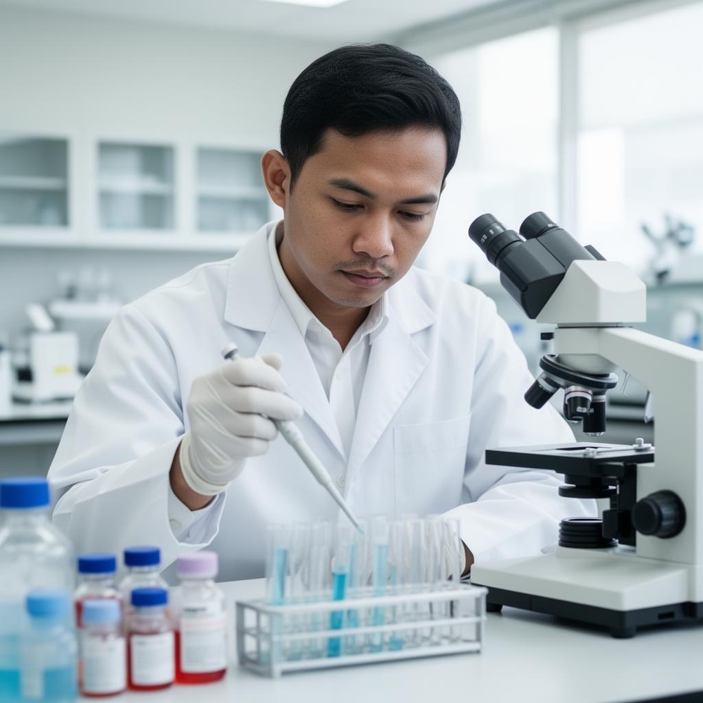 Analis laboratorium pria Indonesia bekerja dengan mikropipet dan tabung reaksi