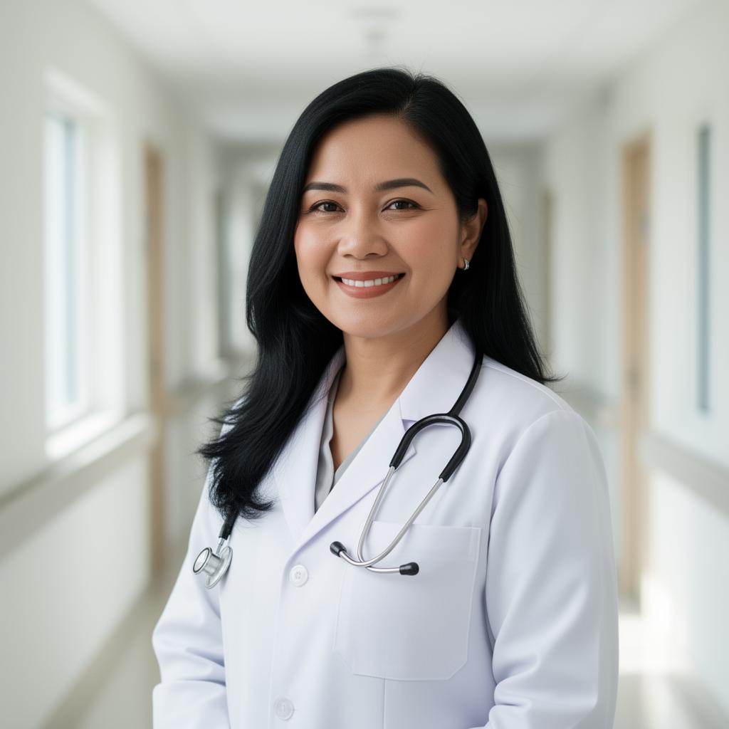 Dokter spesialis patologi klinik perempuan Indonesia tersenyum di koridor rumah sakit