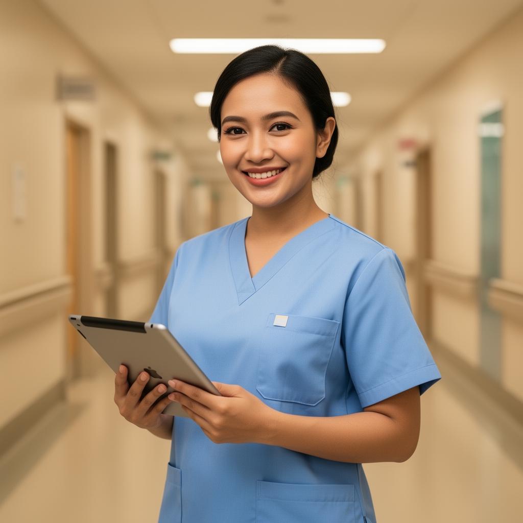Tenaga kesehatan perempuan Indonesia dengan tablet di koridor rumah sakit