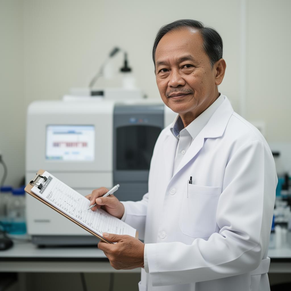 Dokter senior pria Indonesia memeriksa hasil lab di samping hematology analyzer